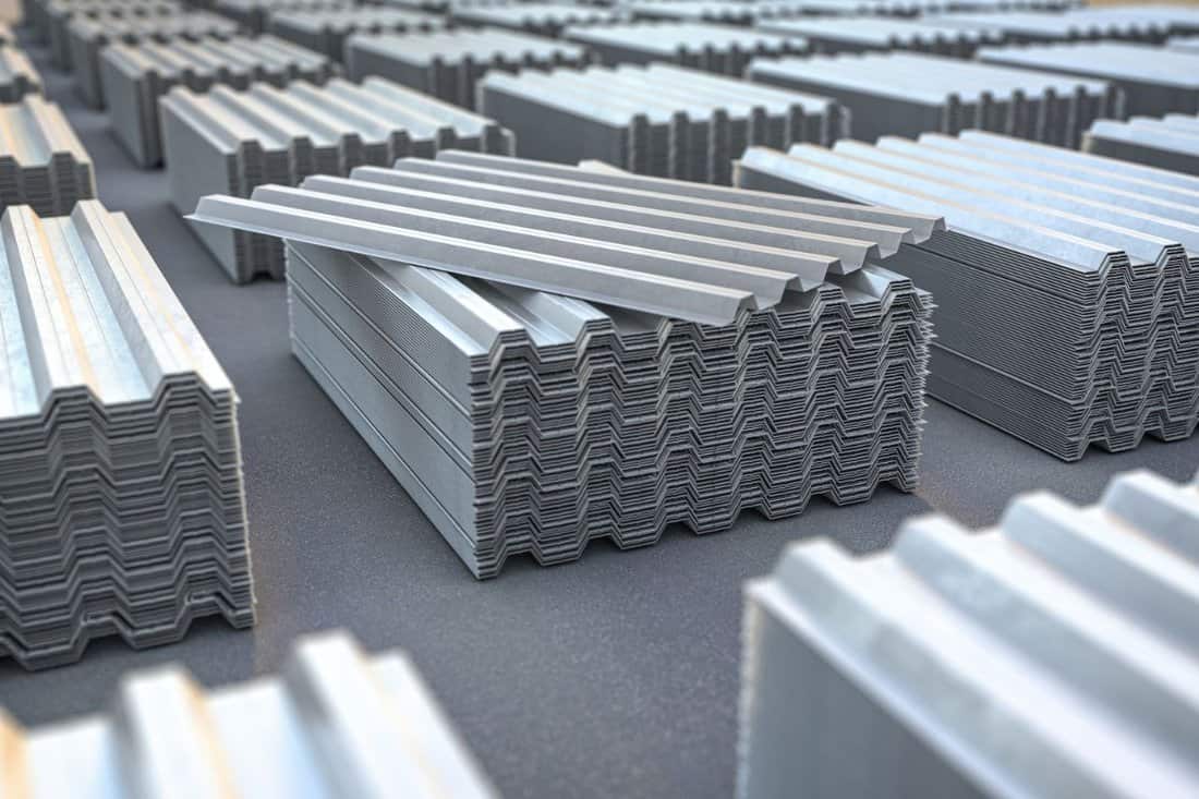 Stacks of metal corrugated sheets, steel zinc or galvanized wave shaped profile sheets for roof construction. 3d illustration
