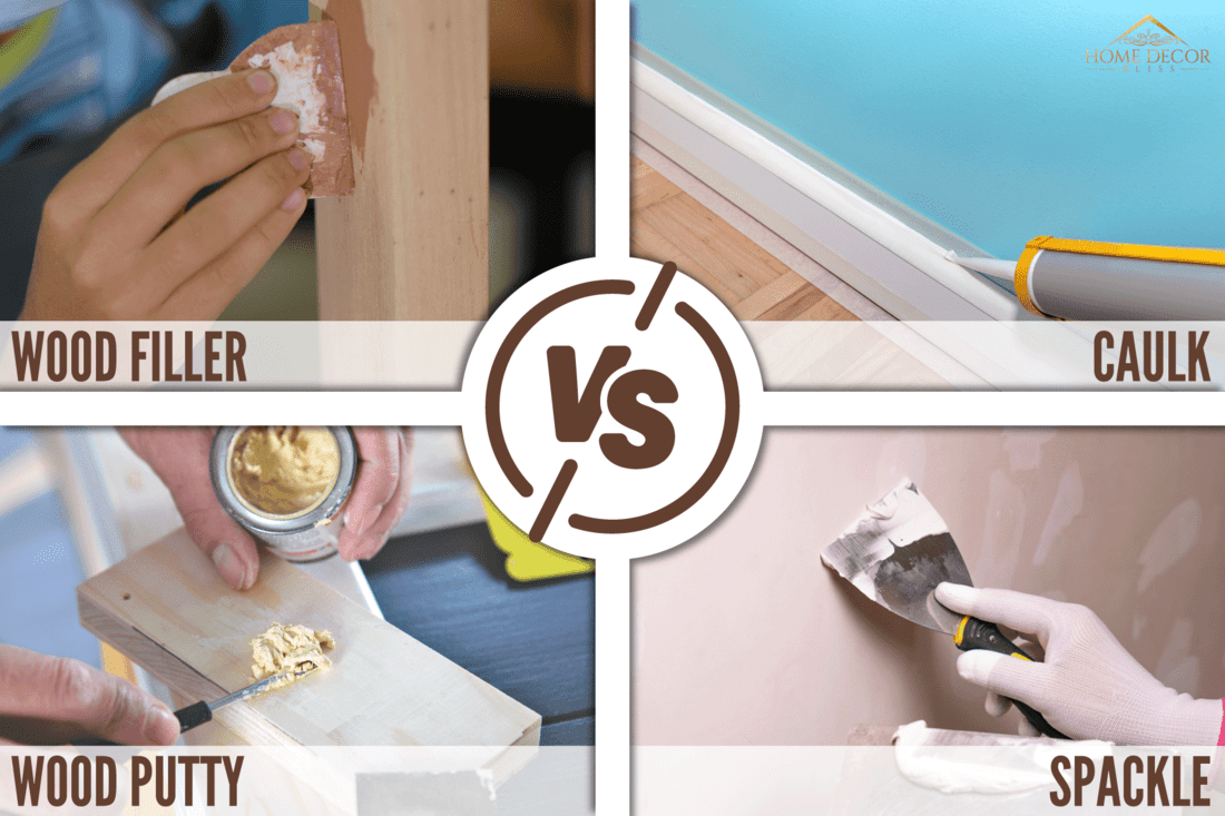collab photos of wood filler, caulk, wood putty and spackle, Wood Filler Vs Caulk Vs Wood Putty Vs Spackle - Which To Choose?
