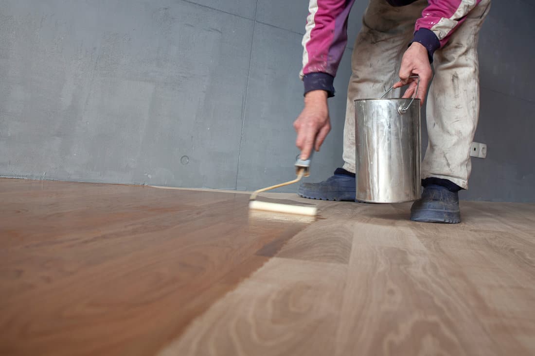Worker varnishing lacquering an oak parquet floor by paint roller first layer after polishing.