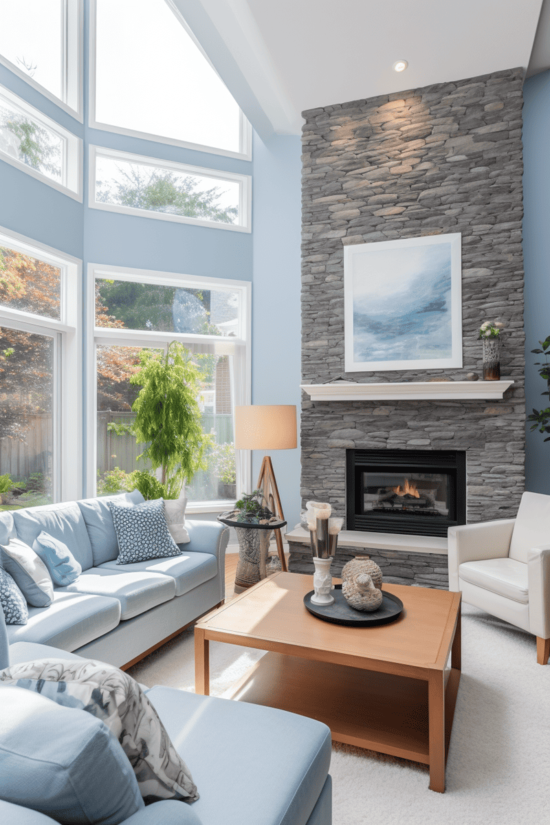 a hyperrealistic family room with a pale sky blue wall, creating a tranquil and airy ambiance.