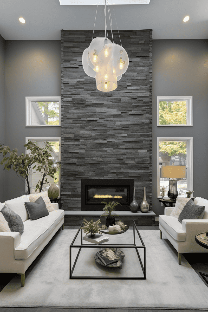 a hyperrealistic living space with a gray-painted wall to complement the cool undertones in the stone fireplace.