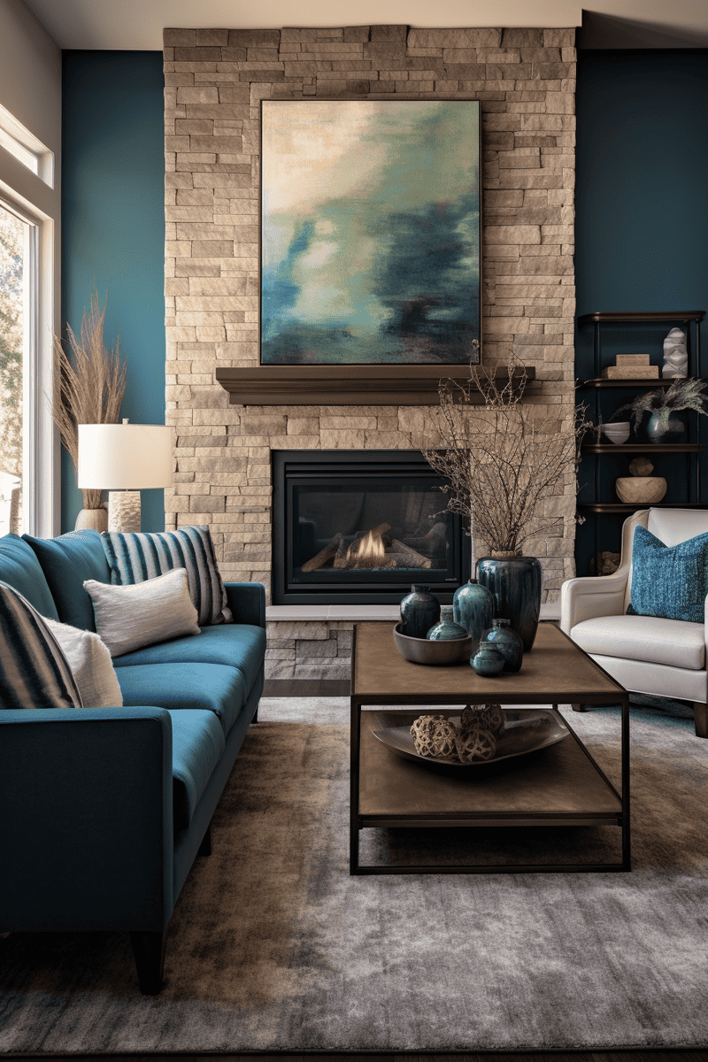a photorealistic family room with a stone fireplace featuring deep teal green accents. 