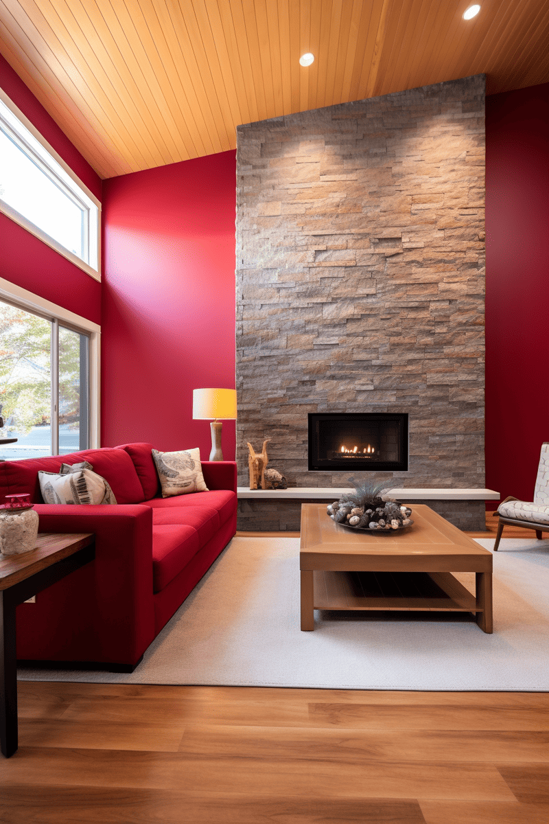 a photorealistic family room with a striking red stone fireplace that adds a powerful and eye-catching element.