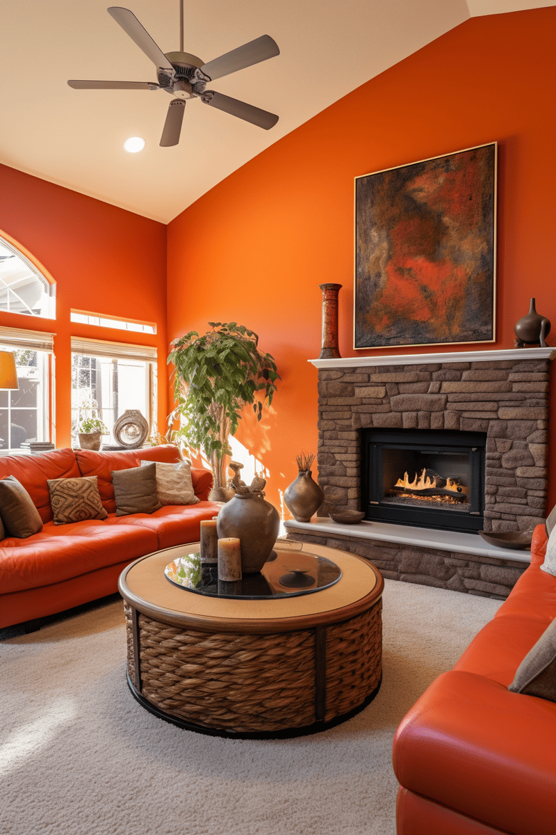 a vibrant family room with a deep shade of vivid orange, creating a spicy and energetic atmosphere. 