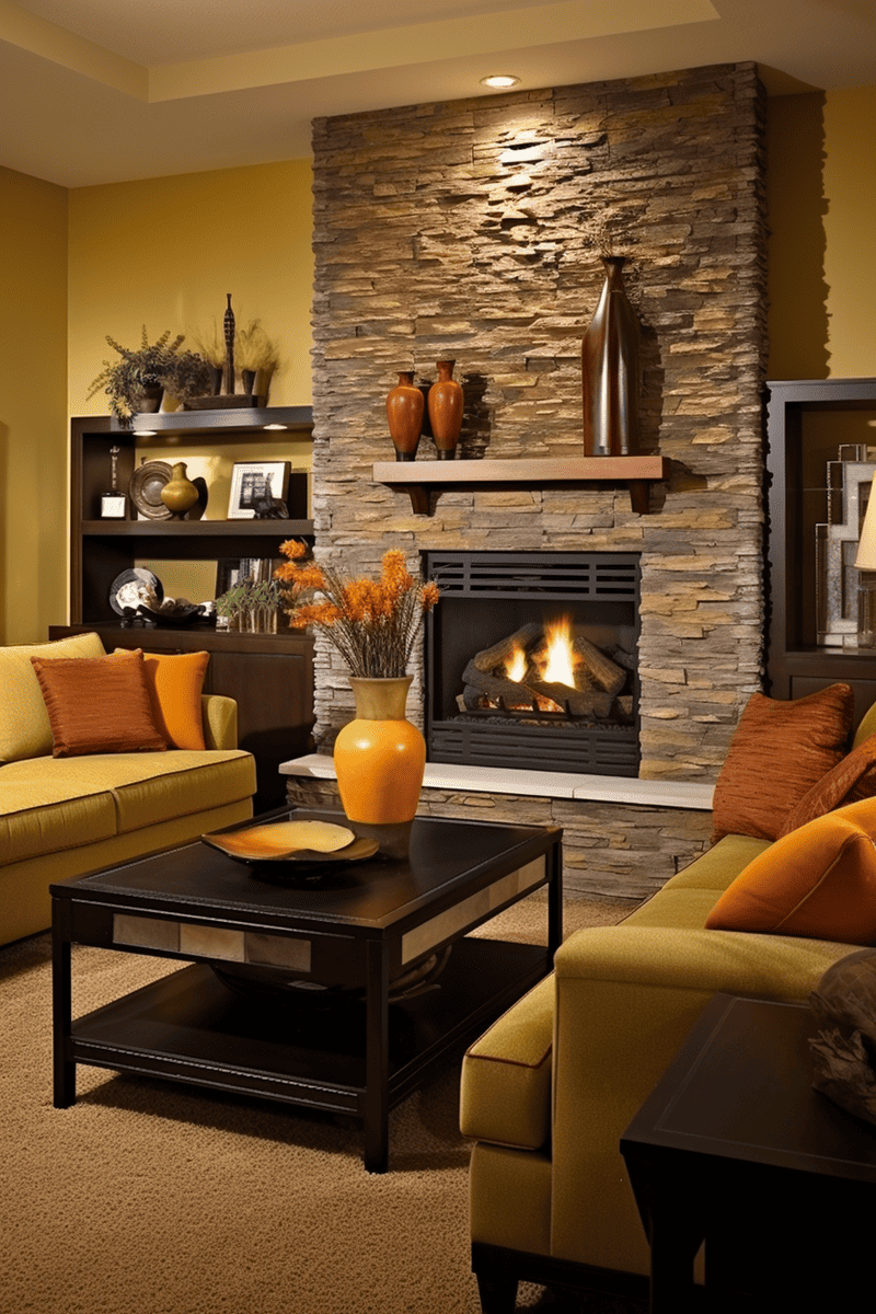 a vibrant family room with deep shades of golden yellow that infuse unmatched energy into the space