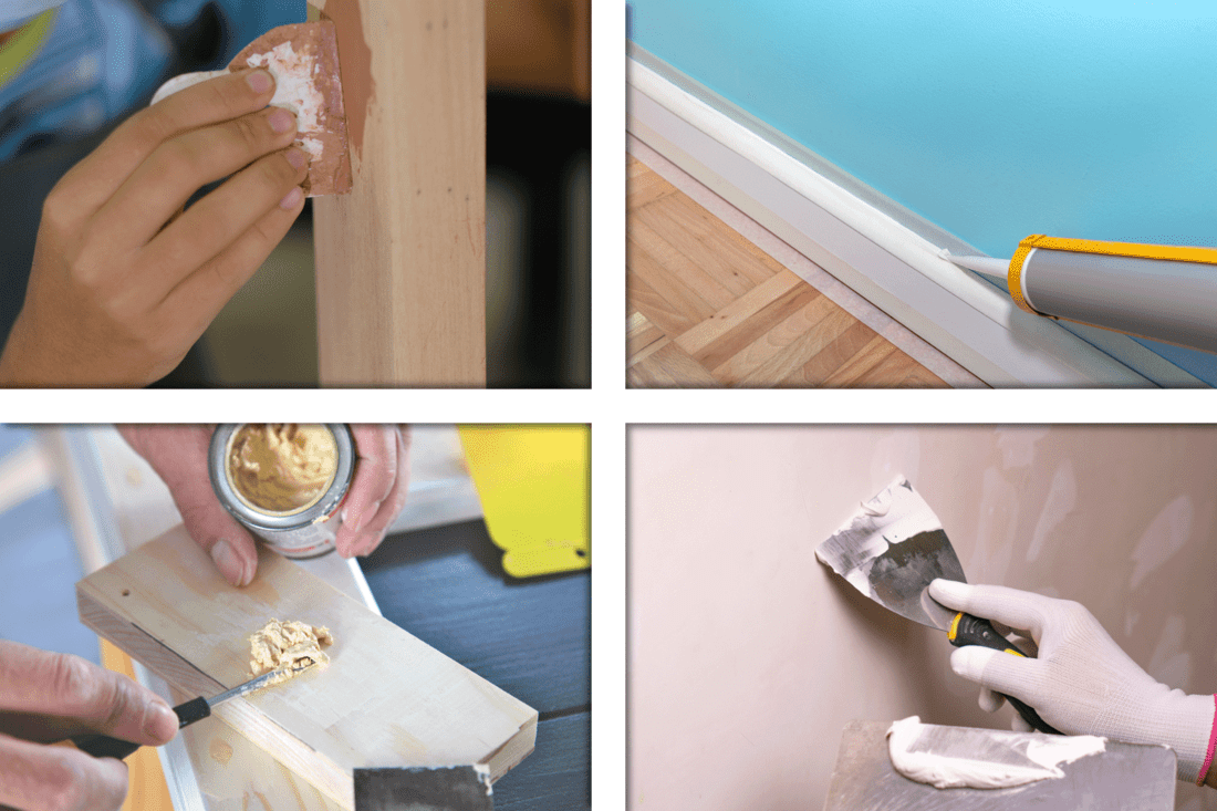 collab photos of wood filler, caulk, wood putty and spackle