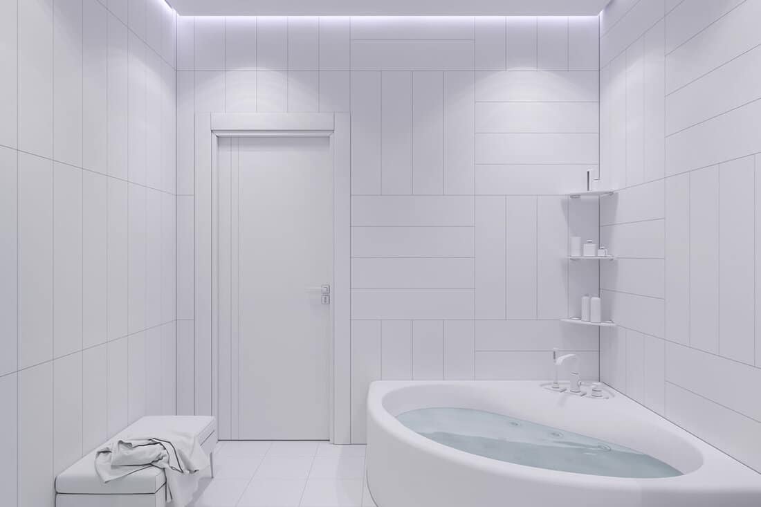interior design of a bathroom with purple tiles in a modern style.
