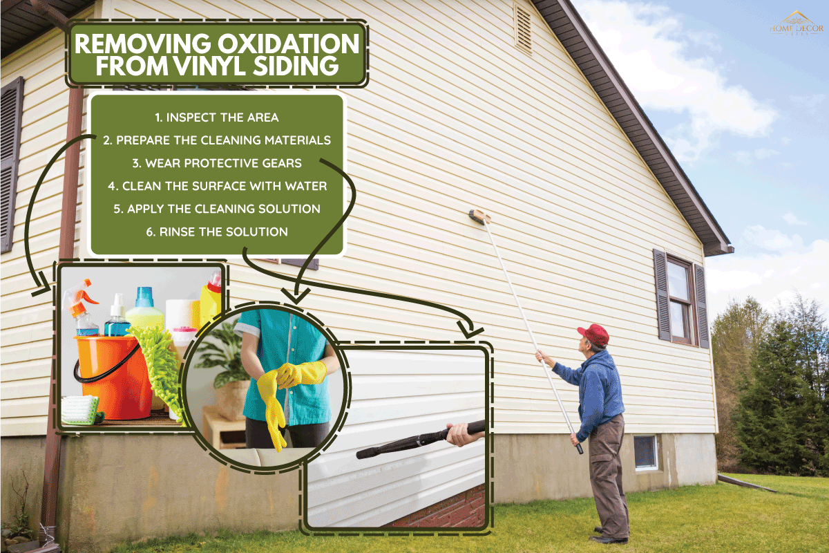 man cleaning vinyl siding of his house using brush on a long pole. How To Remove Oxidation From Vinyl Siding [Step By Step Guide]