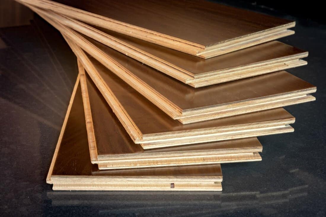 stacked engineered flooring planks.