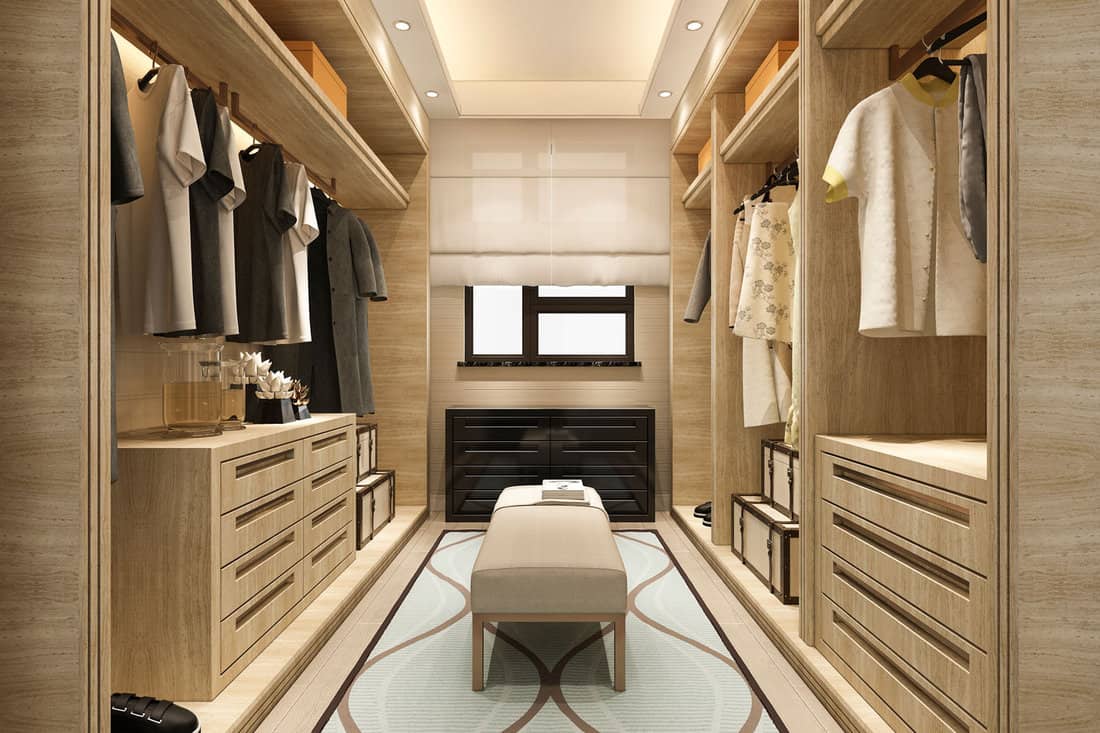 3d rendering minimal scandinavian wood walk in closet with wardrobe 