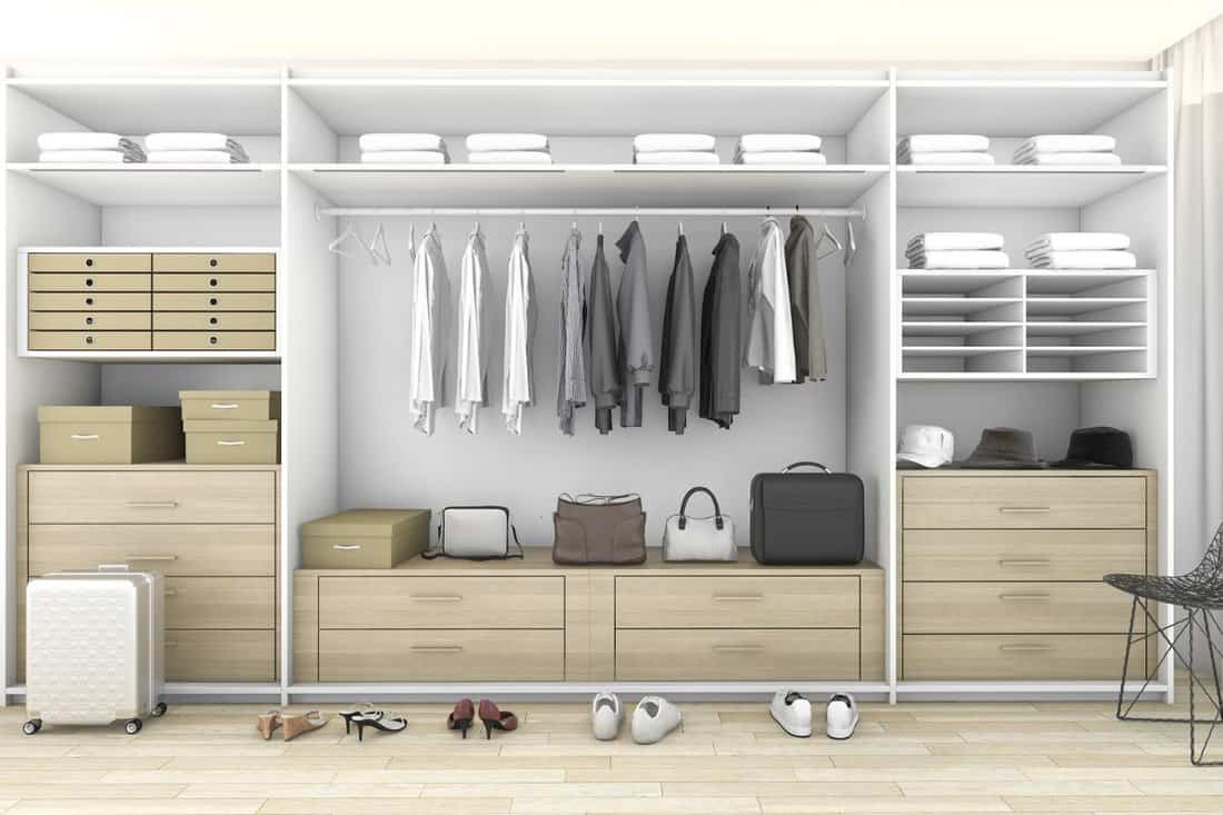 3d rendering minimal wood walk in closet with wardrobe