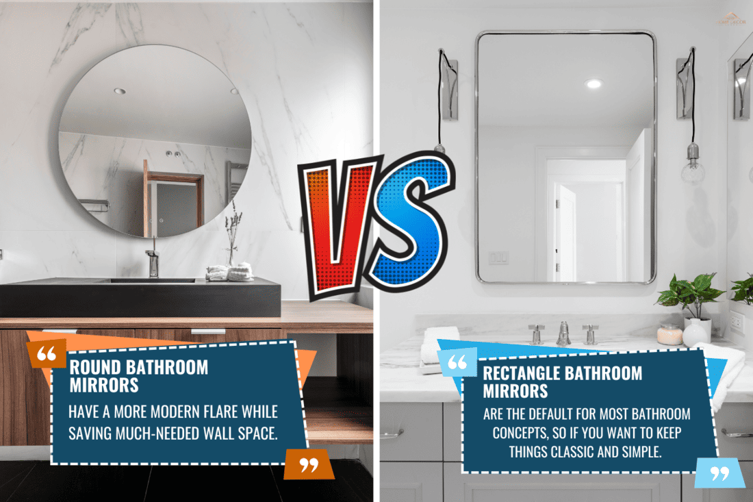 A white, renovated bathroom with a very vanity, lights and a mirror mounted on the wall, and decorations. - Round Vs. Rectangle Bathroom Mirror Which
