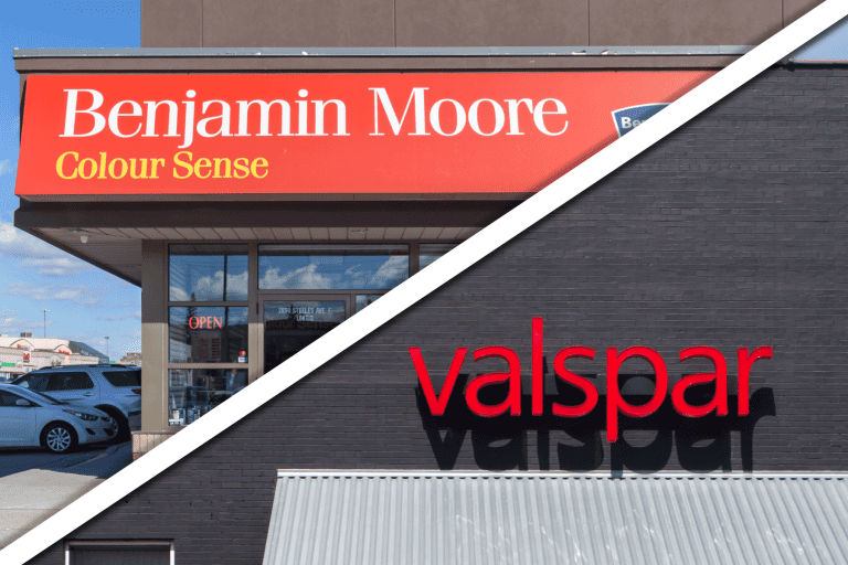 Benjamin Moore paint store on the corner of the street in town, Valspar paint store on the town near the street, Benjamin Moore Vs Valspar: Pros, Cons, & Differences