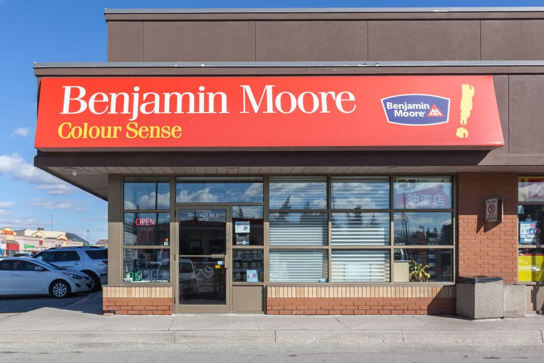 Benjamin Moore paint store on the corner of the street in town