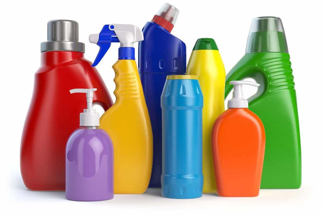 Detergent bottles or containers. Cleaning supplies isolated on white background. 