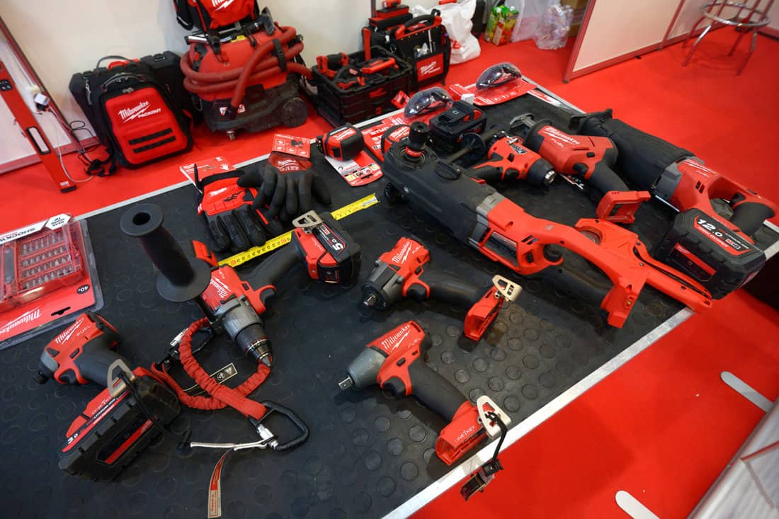 RIDGID brand battery powered cordless power drills, hammer-drills and more on display inside Home Depot.