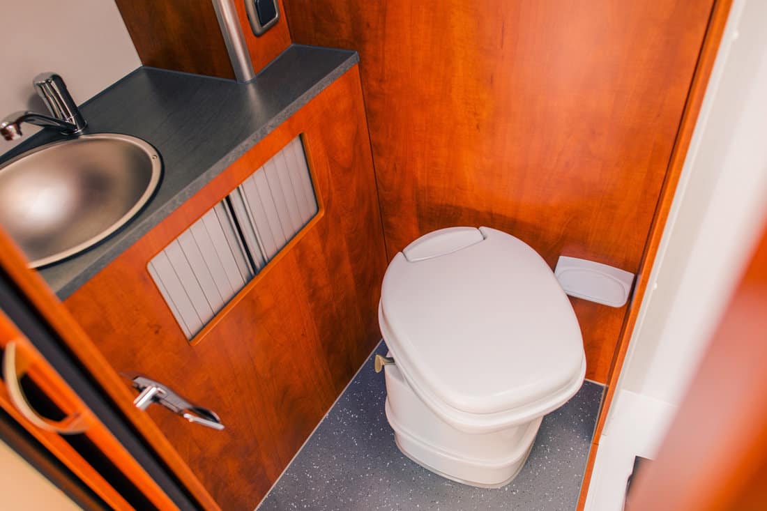 Elegant Camper RV Bathroom with Cassette Toilet. Rving in Style.