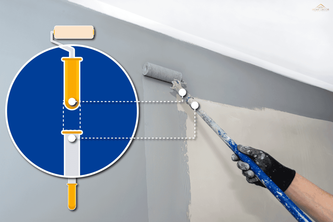 painter paints room gray paint roller long extension pole, How To Attach A Paintbrush To An Extension Pole