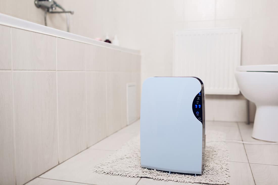 Dehumidifier with touch panel, humidity indicator, uv lamp, air ionizer, water container works in bathroom.