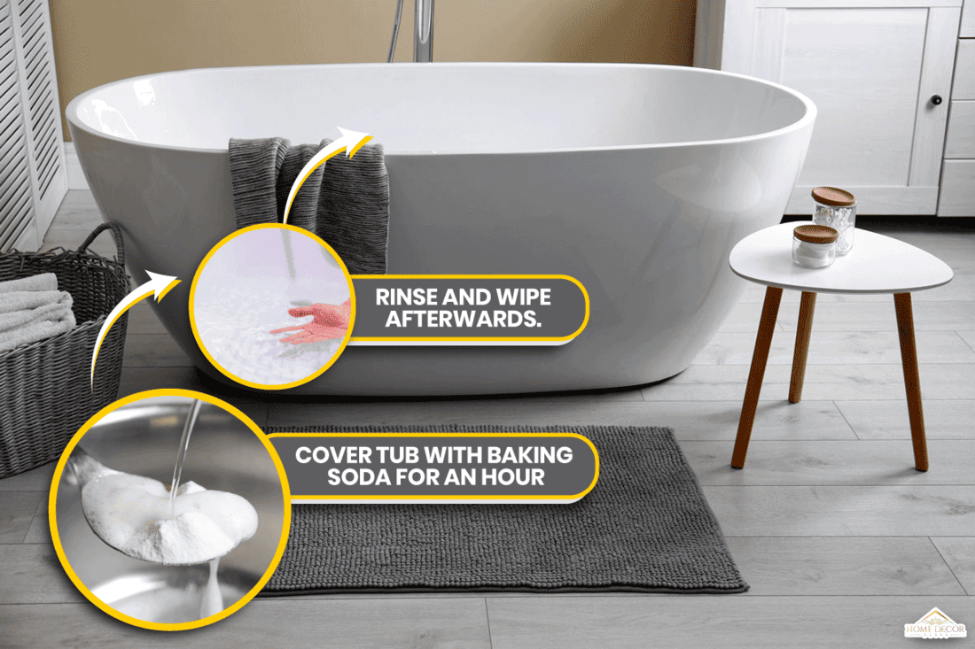 Soft grey mat on floor near tub in bathroom. Interior design, How To Make A Fiberglass Tub White Again