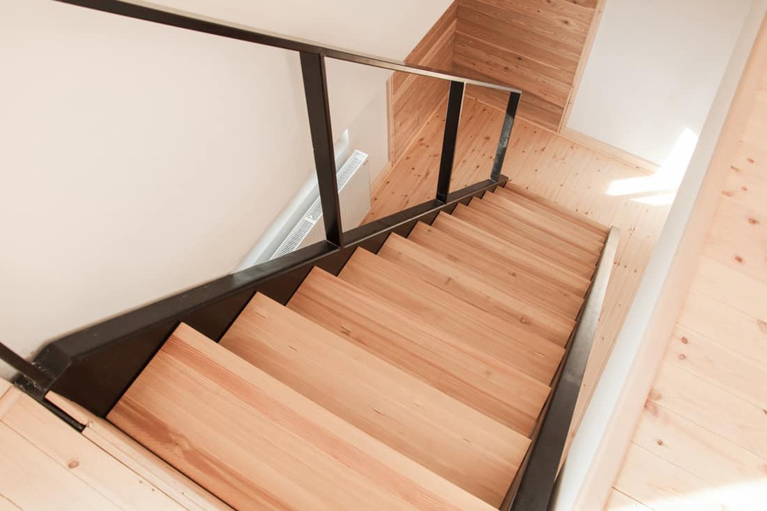 Industrial style staircase with wooden treads