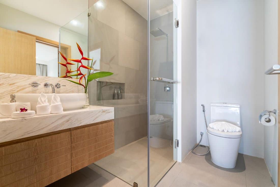 Interior design of bathroom in luxury villa feature double basin, sink, toilet, mirrir and temper glass door