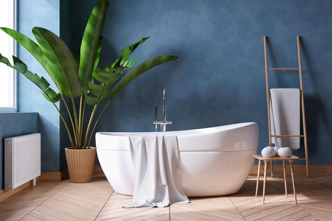 Luxurious Modern Bathroom interior design,white bathtub on grunge dark blue wall