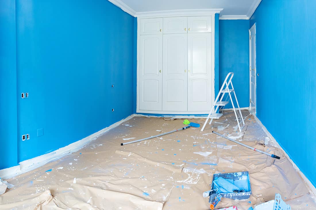 Room with newly painted blue walls