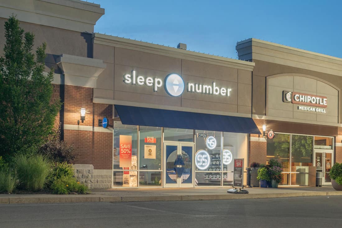 Sleep Number Store next to a Chipotle
