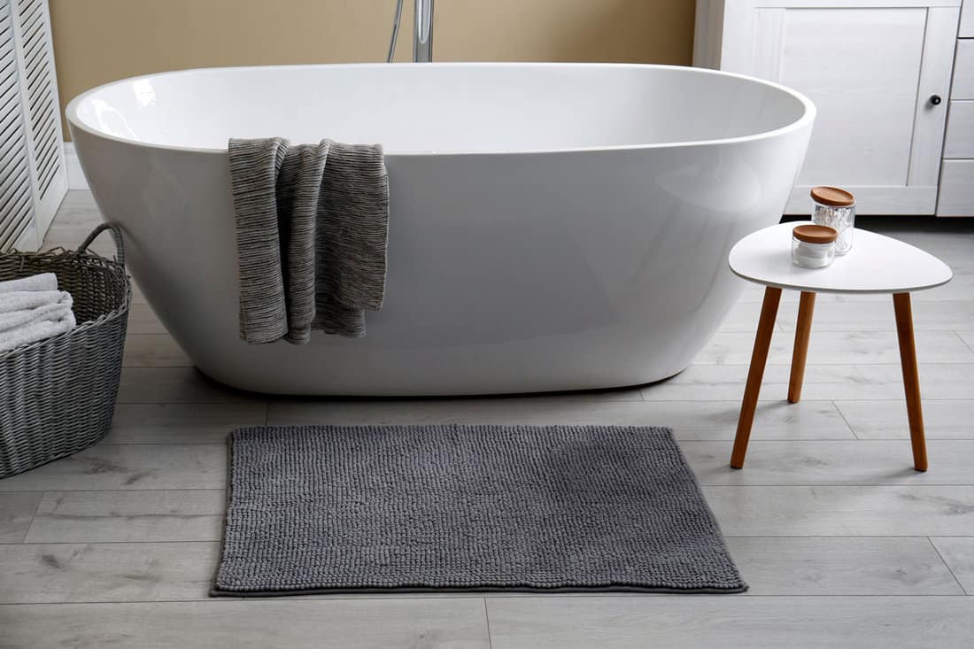 Soft gray rug on floor near tub in bathroom