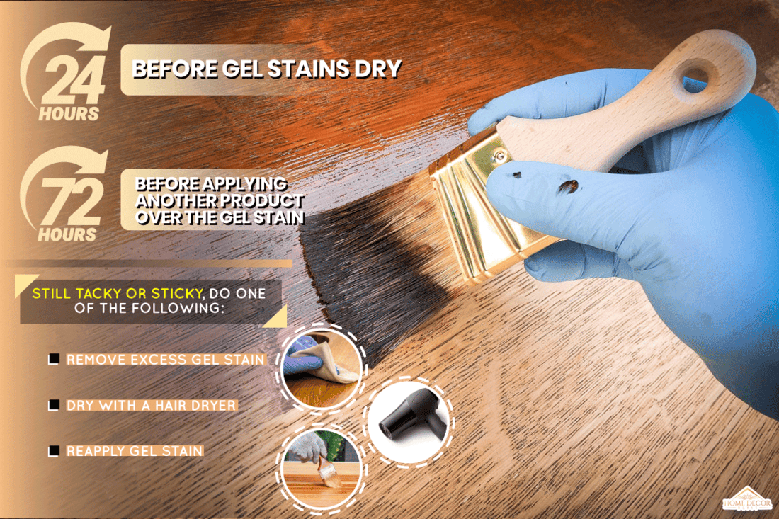 Hand holding brush shows how to apply brown mahogany stain to raw oak wood furniture or floor, Will Gel Stain Eventually Dry? [What To Do When It Remains Tacky Or Sticky]