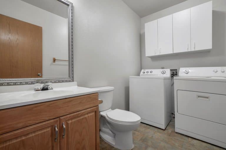 modern bathroom shiny white cabinets washing machine, Can A Washer And Toilet Share The Same Drain?