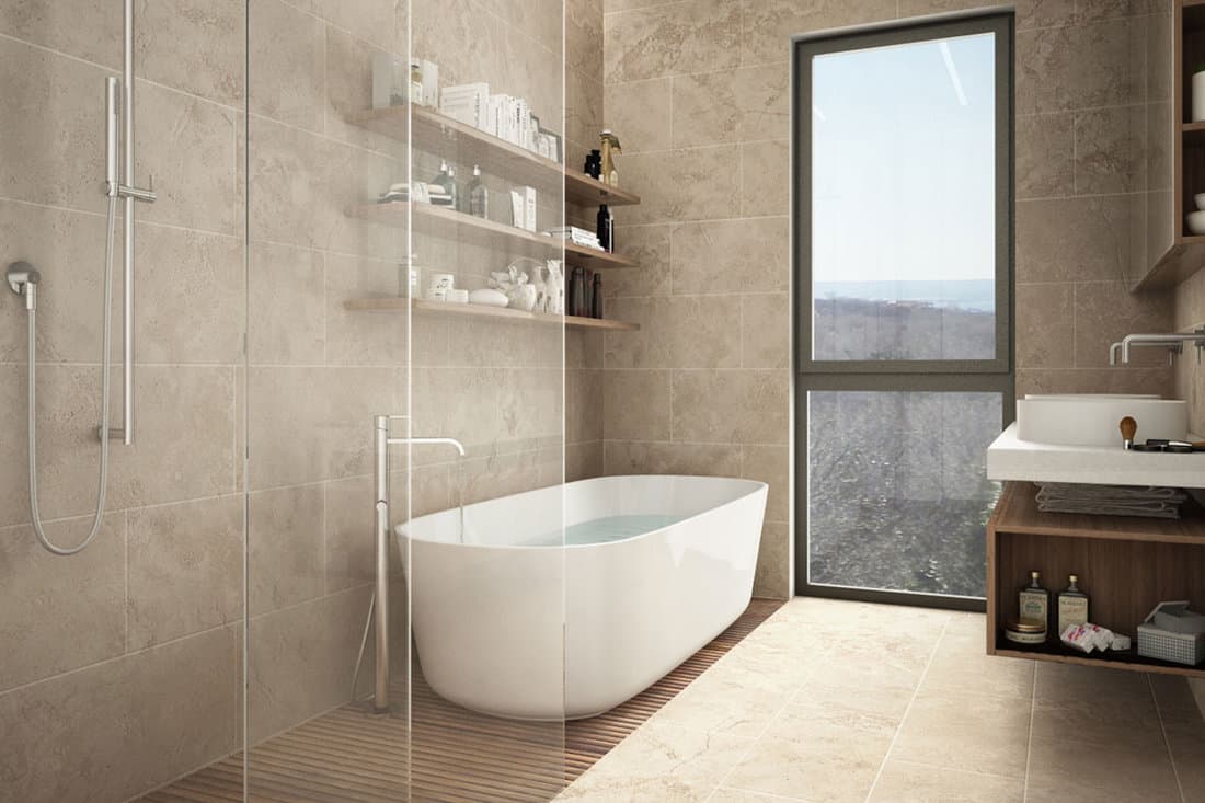 modern limestone bathroom bathtub shower shelves