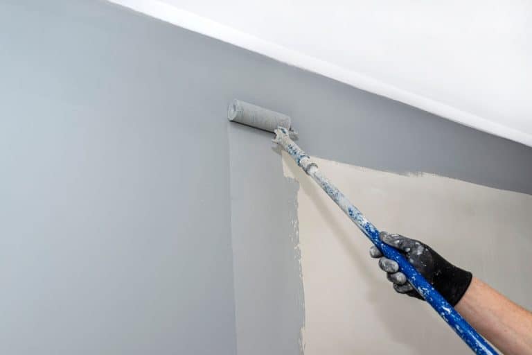 painter paints room gray paint roller long extension pole, How To Attach A Paintbrush To An Extension Pole