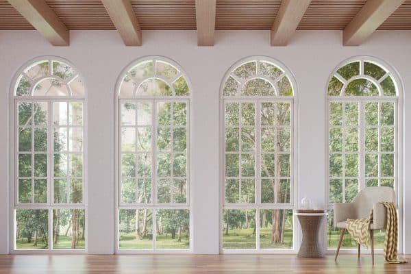 scandinavian living room 3d rendering image, How To Modernize Arched Windows