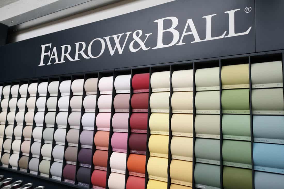 Farrow and Ball paint chart on a wall in a painting and decorating shop