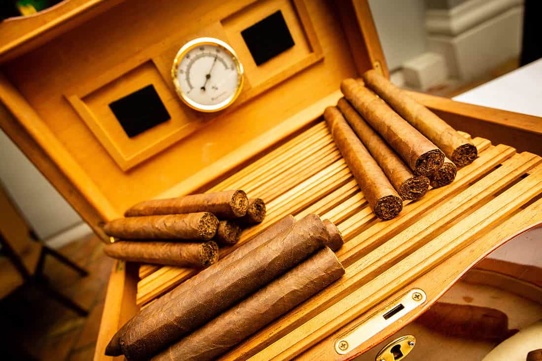 Cigars and humidor with cuban smokes rolled