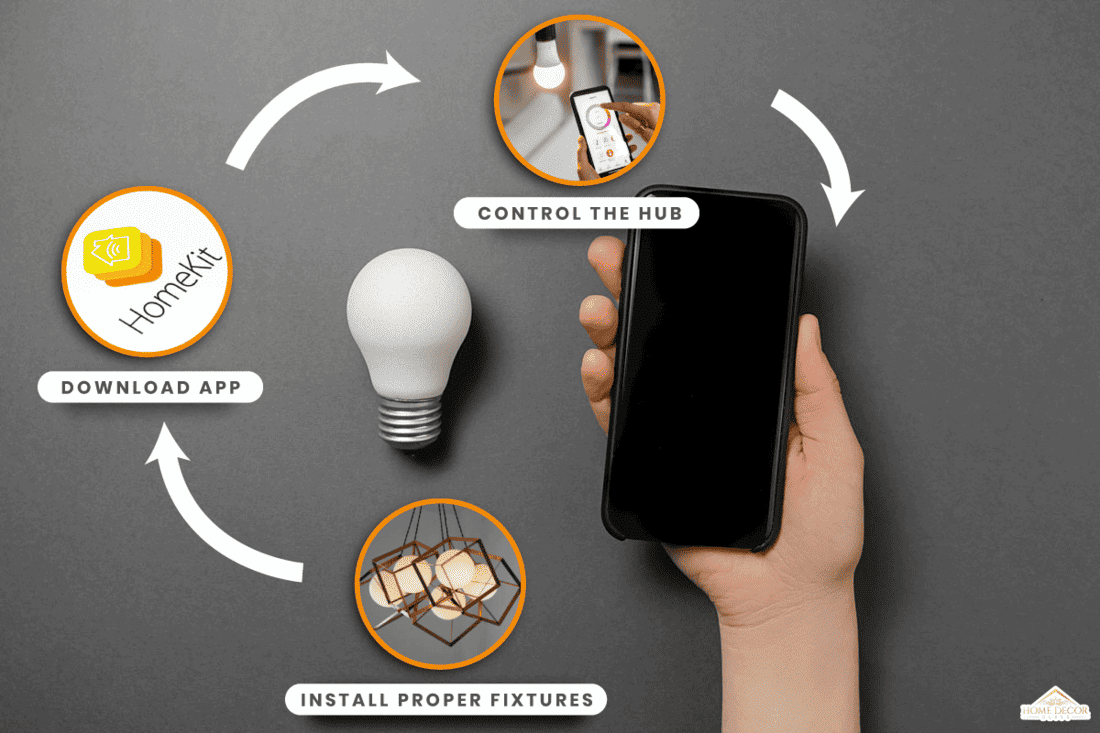 Creative top view flat lay of light bulb and woman holding modern smartphone mockup composition with copy space on grey background, How To Group Smart Lights [Step By Step Guide]