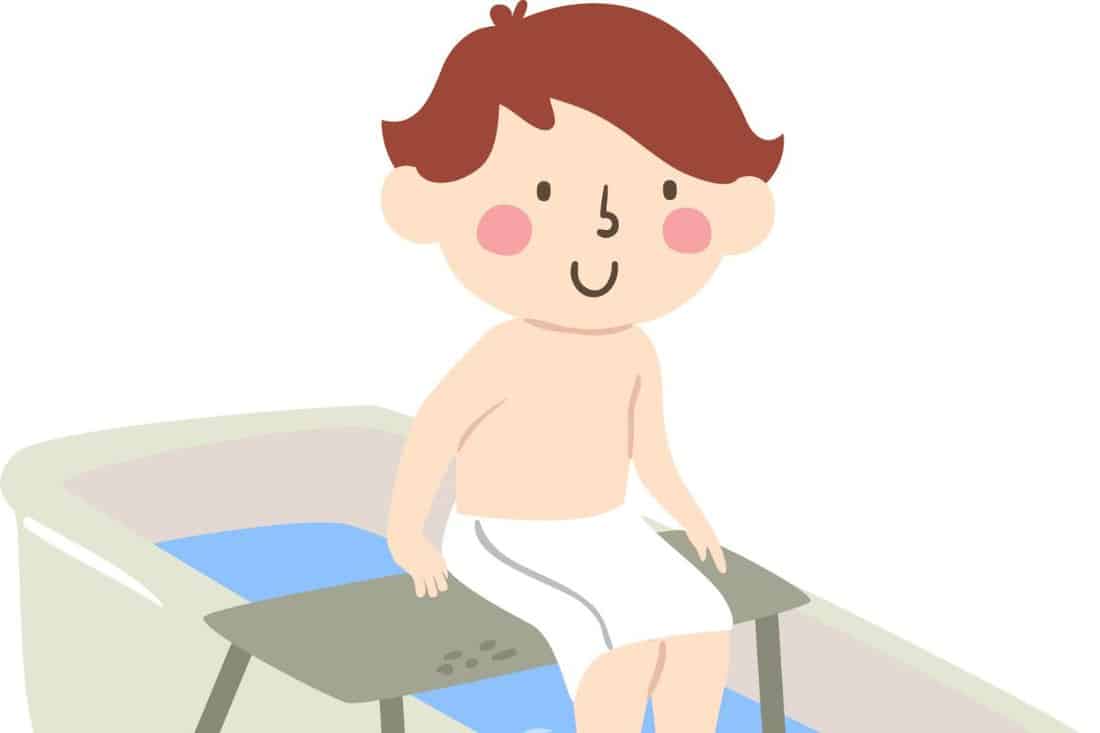 Illustration of a Kid Boy Using a Bath Transfer Bench Helping Him to Enter the Bath Tub Easily