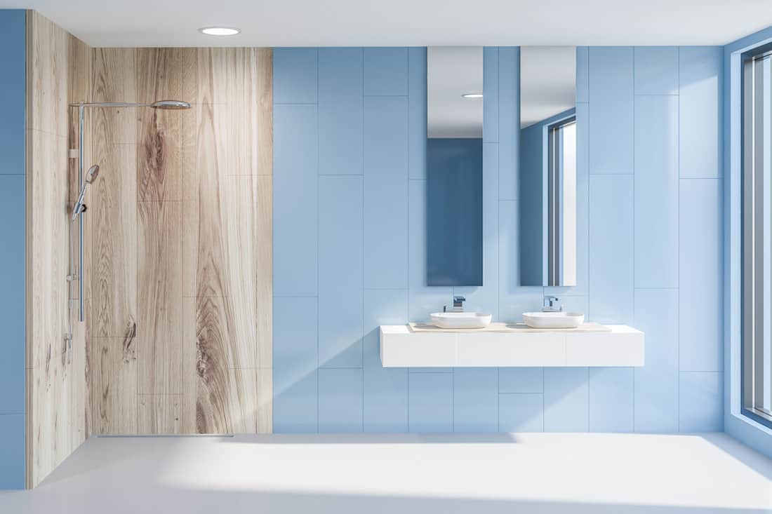 Interior of modern bathroom with blue walls