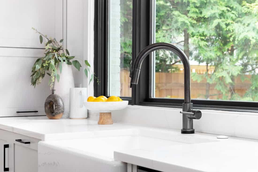 Kitchen sink detail shot in a modern, renovated kitchen with black window frames, a dark faucet, white cabinets, farmhouse sink, and cozy decor.