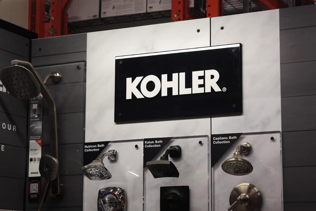 Kohler brand shower head display at Home Depot hardware store