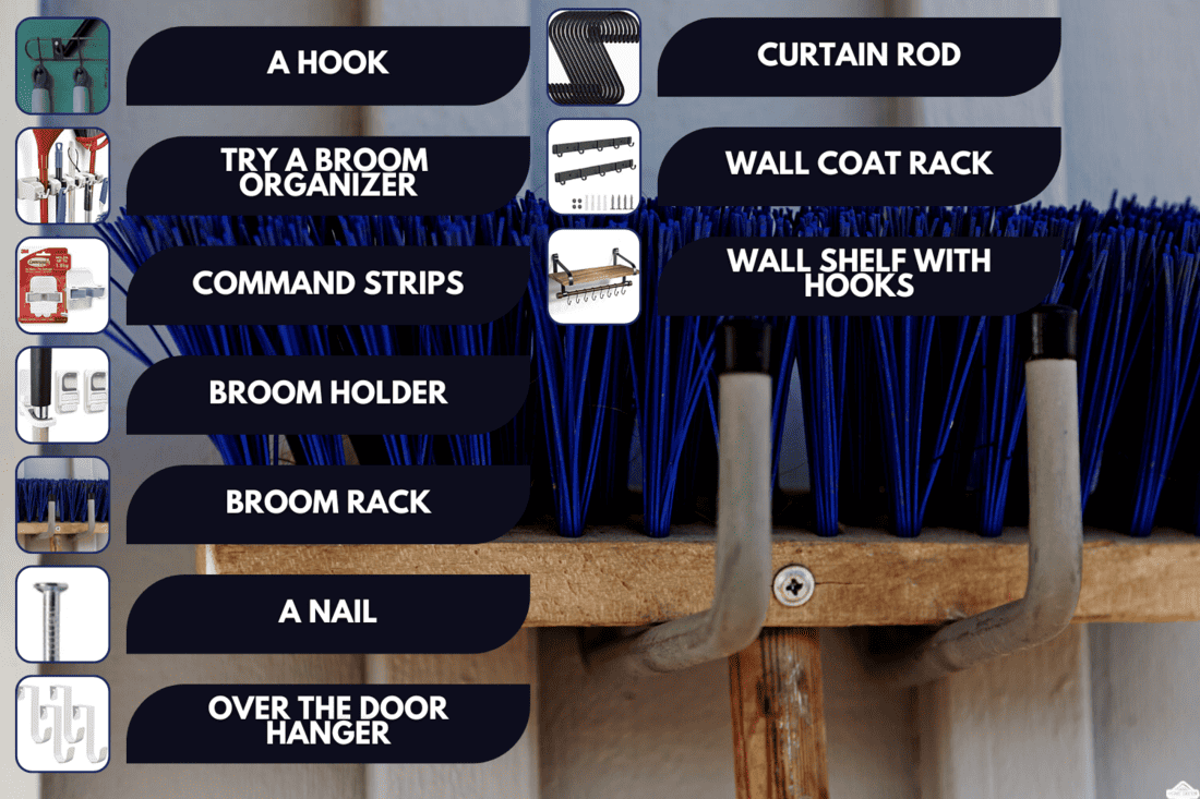part of a blue broom hanging on a wall, How To Hang A Broom On The Wall