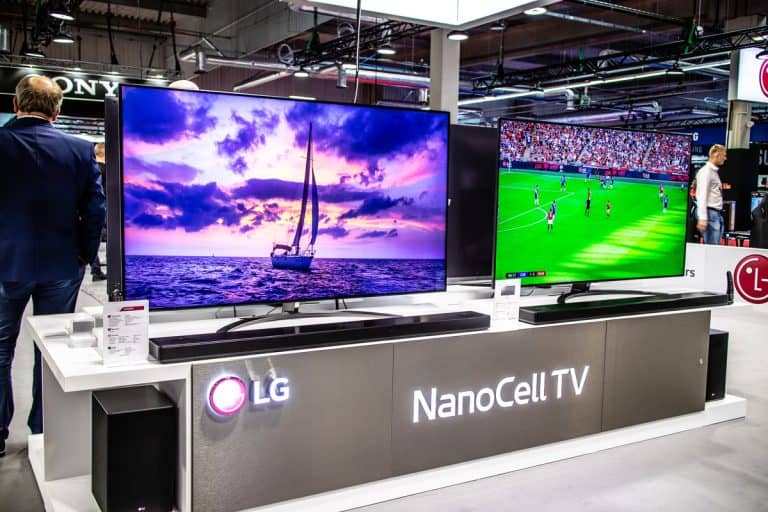 LG NanoCell Premium TV on display, at LG exhibition showroom, stand at Warsaw Electronics Show