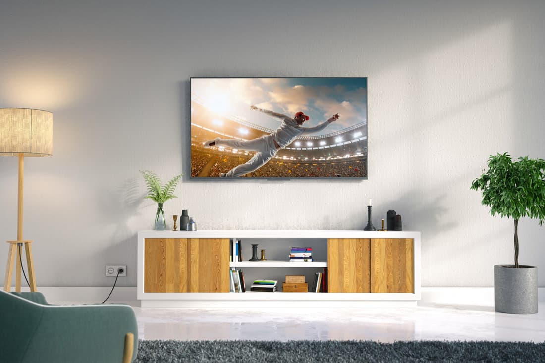 a living room led tv on white wall with wooden table and plant in pot showing cricket game moment
