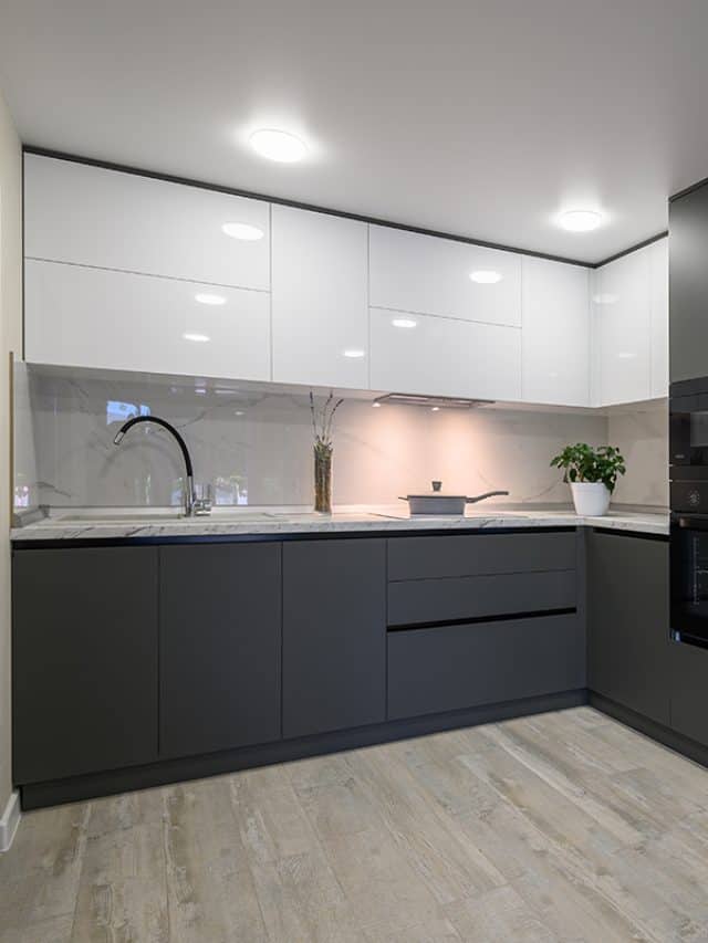 Modern simple trendy dark grey and white kitchen