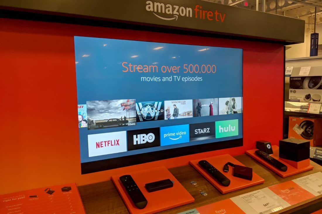 Amazon Fire TV Display inside Best Buy Store. Amazon Fire TV is a digital media player and its microconsole remote developed by Amazon. The device is a streamer.