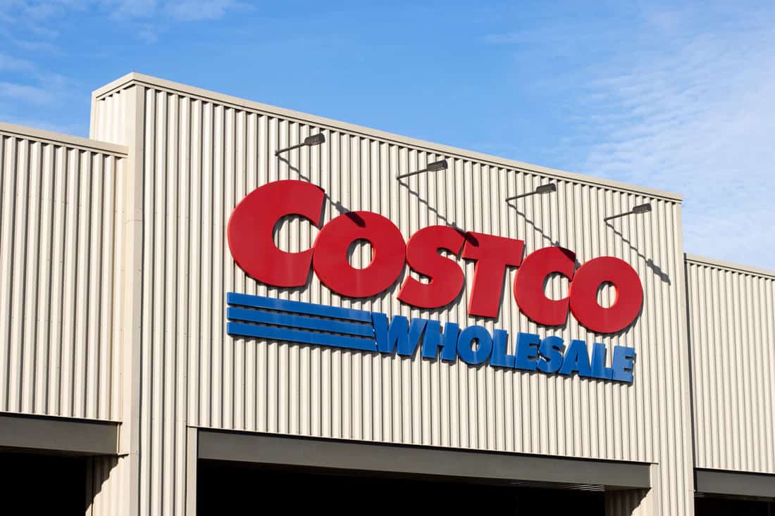Closeup of the Costco sign seen at the entrance to its store in Hillsboro, Oregon. Costco Wholesale Corporation is an American multinational retail corporation.