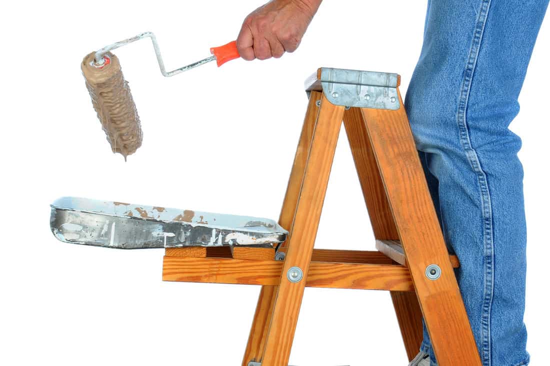 Closeup of a painter standing on a ladder with a roller dripping paint