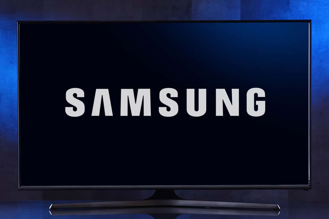 Flat-screen TV set displaying logo of Samsung, a South Korean multinational conglomerate headquartered in Samsung Town, Seoul